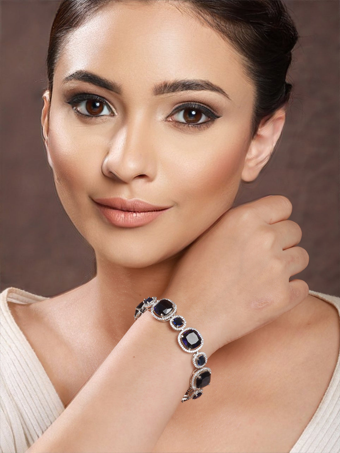 White Rhodium Plated Blue wraparound Tennis Statement  Bracelet